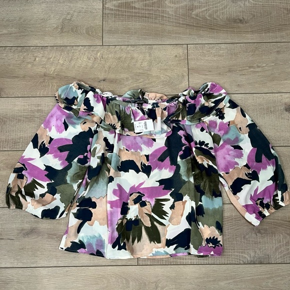 J. CREW MERCANTILE purple & green floral watercolor off the shoulder blouse L - Picture 2 of 11